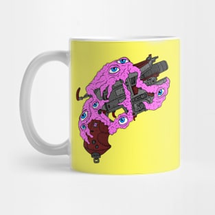 a sci fi artwork, alien eyes guarding a cyberpunk revolver. Mug